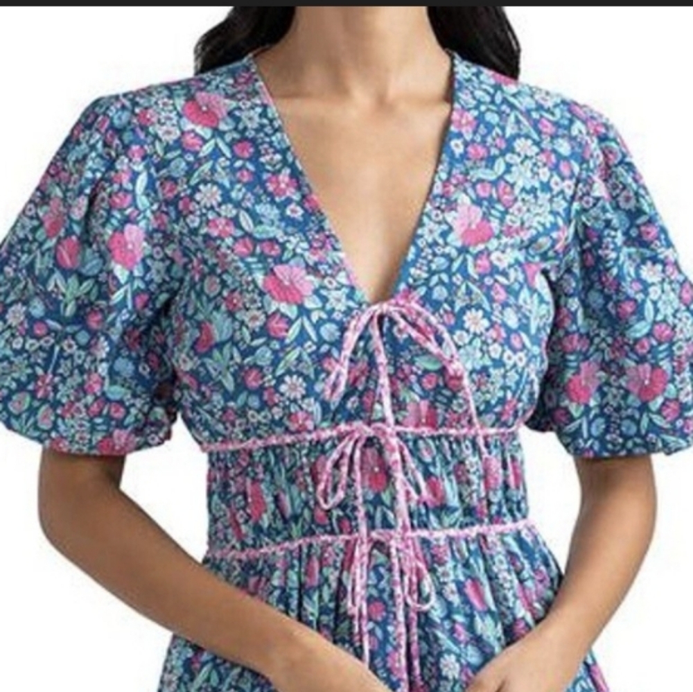 Shoshanna Vibrant Floral Puff Sleeve Mini Dress.Pit To Pit 18" - Picture 2 of 10